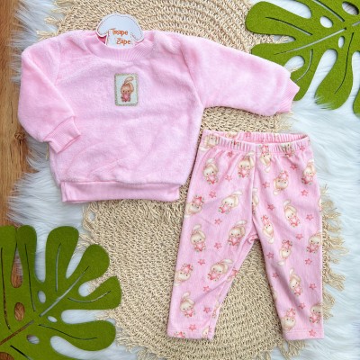 Conj. Casaco de Pelinho Coelhinha com Estrela e Calça em Plush - Rosa